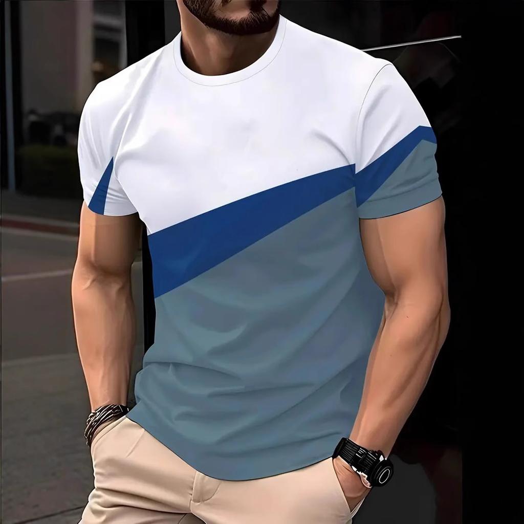 Summer Round Neck Color - Block & Striped 3D Print Top Fashionable Casual Short Sleeved Men's T-shirts