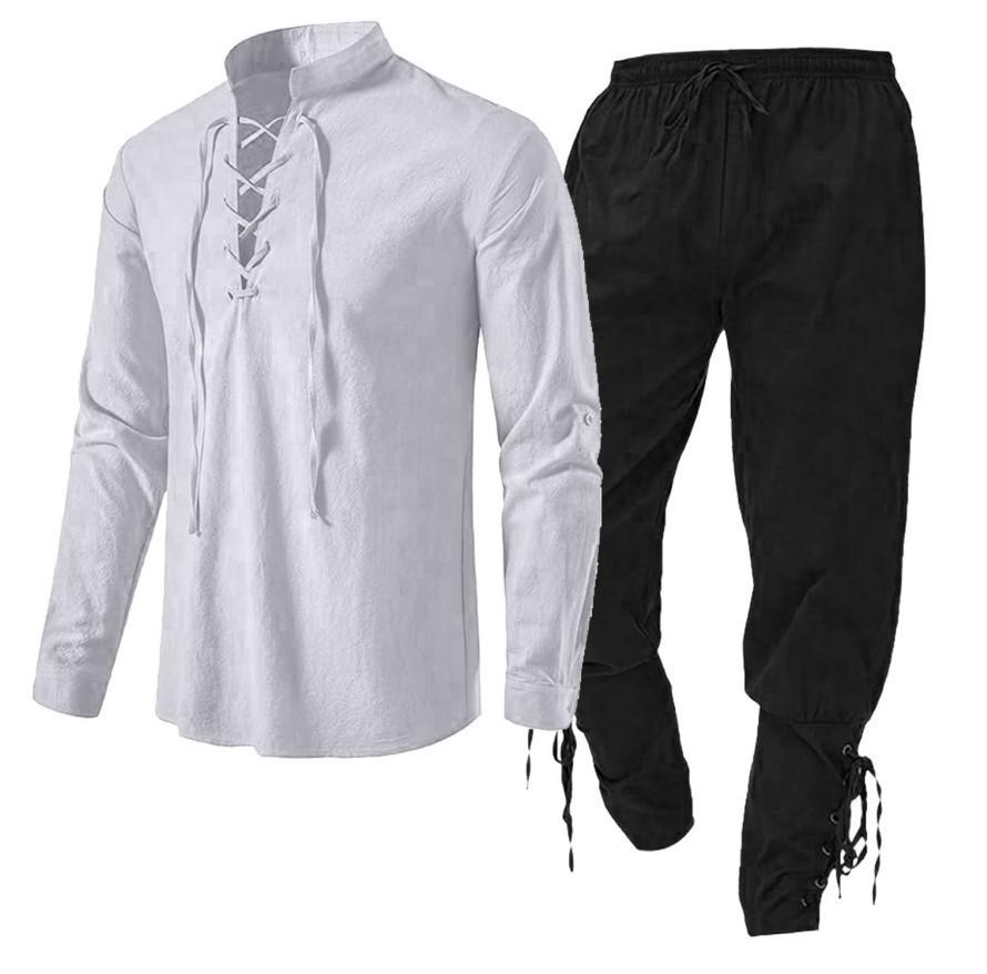 

Чоловіча біла сорочка з довгим рукавом на зав язках з чорними джогерами на шнурку L