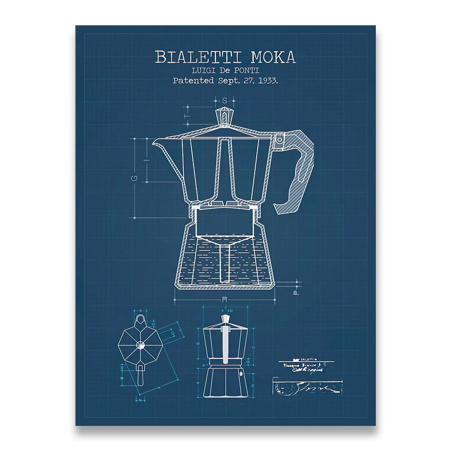 

Кофейник, патентные постеры и принты, Bialetti Moka Coffee Blueprint, художественная картина, холст, картина для кухни, настенный художественный декор A4 21x30cm No Frame