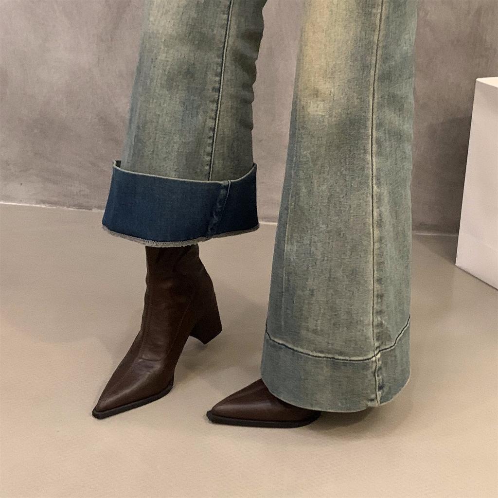 High Heel Coarse Heel Pointed Small Ankle Boots Women's Season Brown Fleece Martin Boots Skinny Short Boots