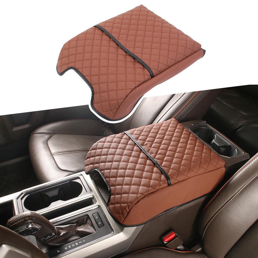 Center Console Armrest Box Cover Leather Pad Protector For Ford F150 2015+ Brown