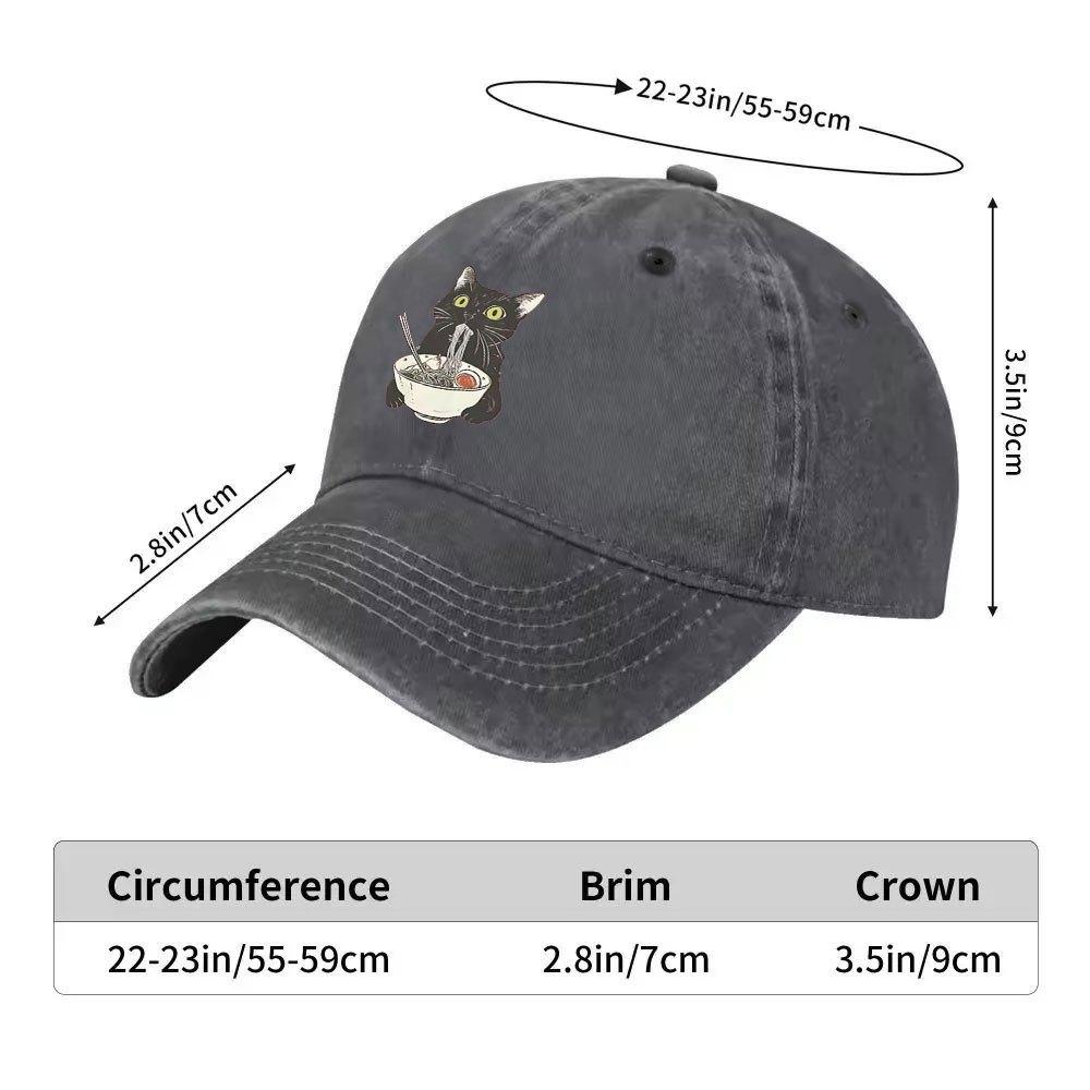 Black Cat Eating Ramen Baseball Cap Unisex Casual Cotton Adjustable Graphic Print Hat