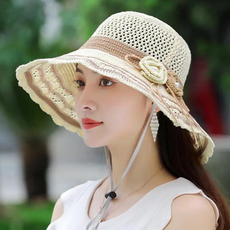 WTEMPO Women's Spring Summer Foldable Washable Sunshade Hats Large Rim Beach Sunscreen Flowers Knitted Hats