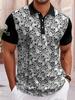 Men'S Short Sleeve Polo Shirt, Men'S Gothic Style Skull Print Polo - All-Over Black And White Skull Design, with Sleeve Stripes And Collar