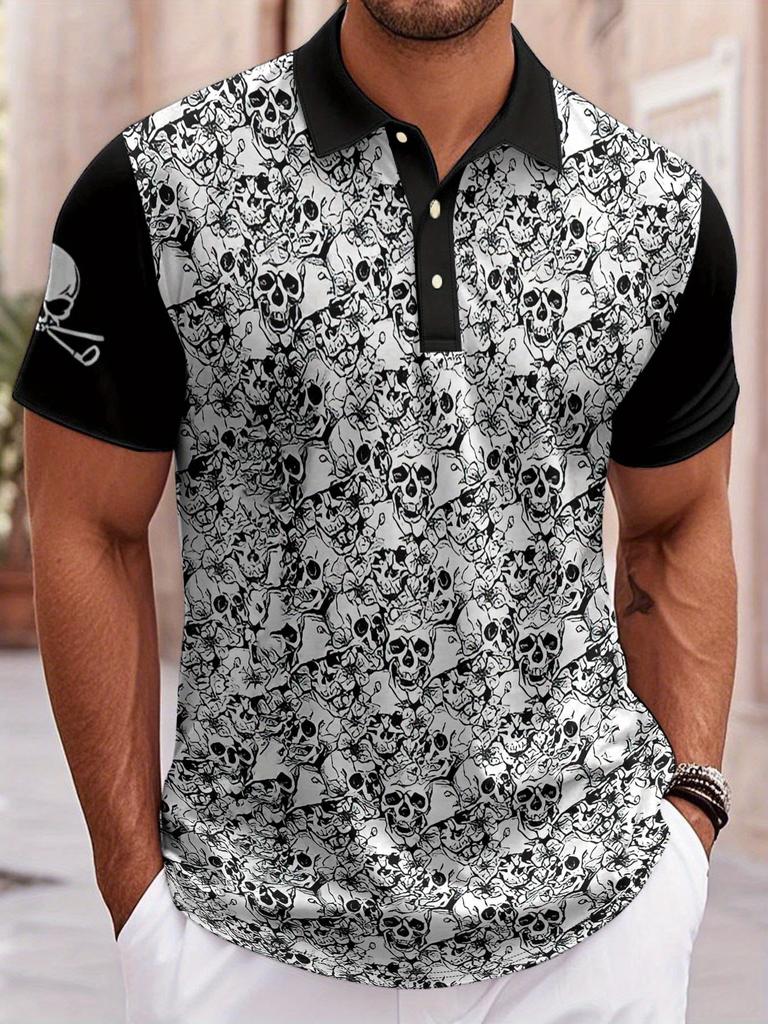 Men'S Short Sleeve Polo Shirt, Men'S Gothic Style Skull Print Polo - All-Over Black And White Skull Design, with Sleeve Stripes And Collar