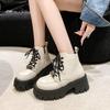Mode Neue Herbst Plateau Stiefeletten 7CM Hohe Absätze Damen Dicke Sohle Winter Leder Schnürschuhe Punk Schuhe Klobige Motorradstiefel Frau