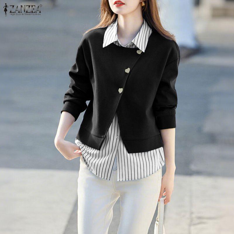 ZANZEA Women Patchwork Casual Turn Down Collar Long Sleeve Pullover Tops Autumn
