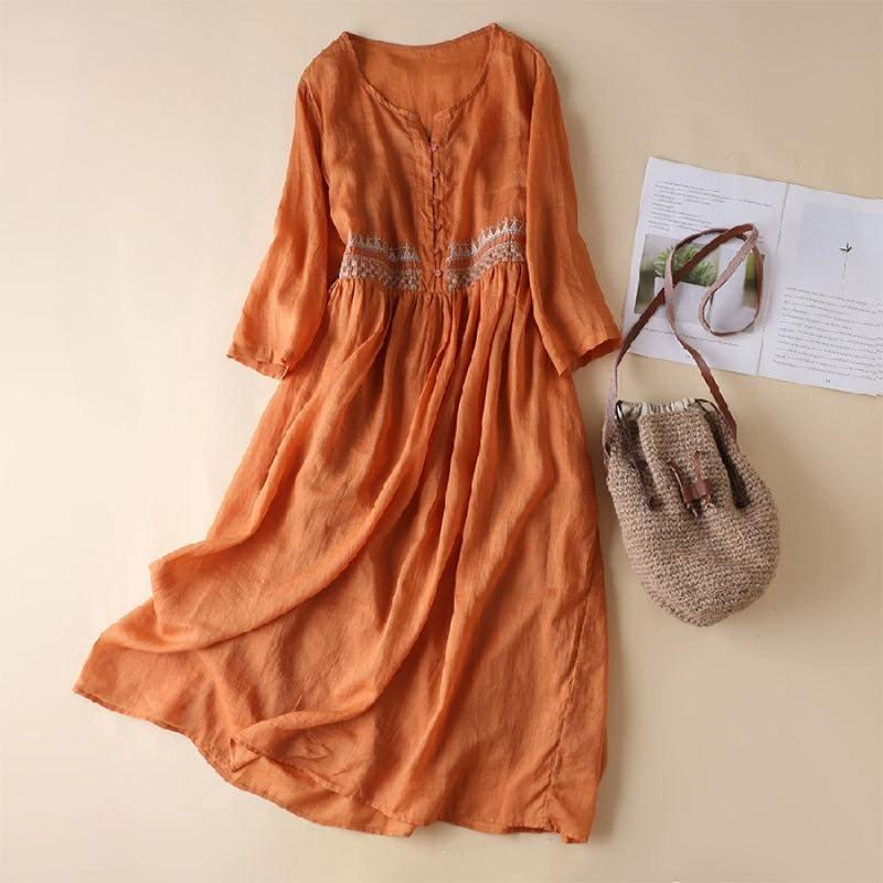 

Summer A-line Half Sleeve Shirt Dress Cotton Linen Casual Loose Pocket Sundress Holiday Baggy Long Robe Women White Beach Dress Solid 4XL помаранчевий