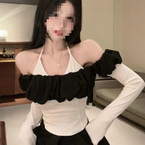 Private Style Oversize Oneshoulder Blouse With Color Block Ruffle For Autumn Wear