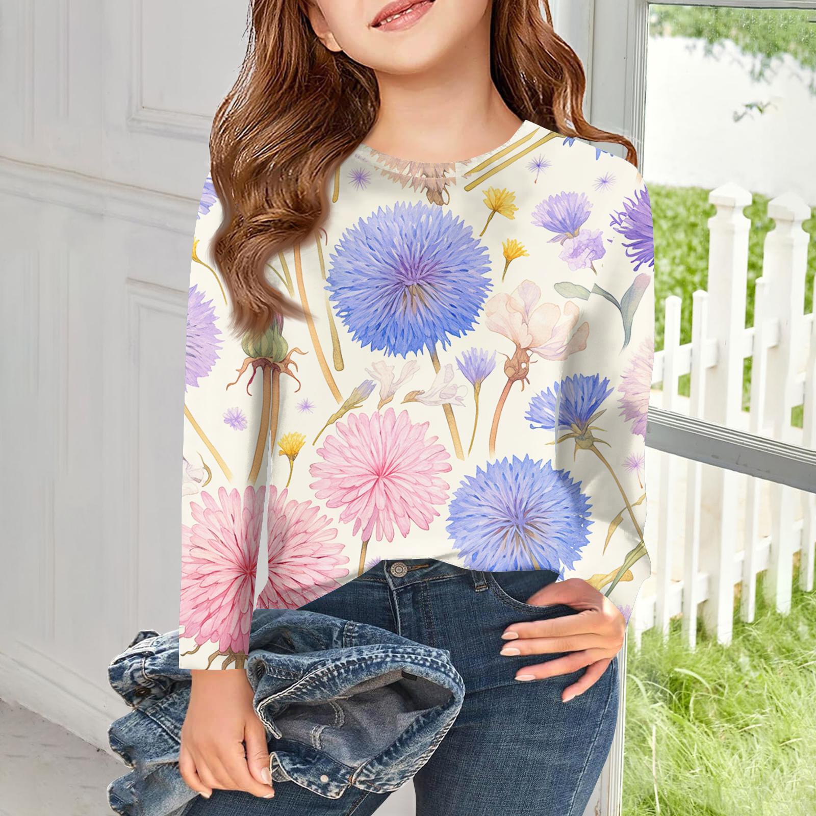 

Girls Long Sleeve T Shirts Kids Fall Tops Crewneck Printed Basic Tees 150 синий