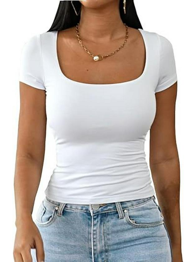 Dames 2025 Sommer U-hals Slim Casual T-skjorte - Kort Ermet Mote Pullover