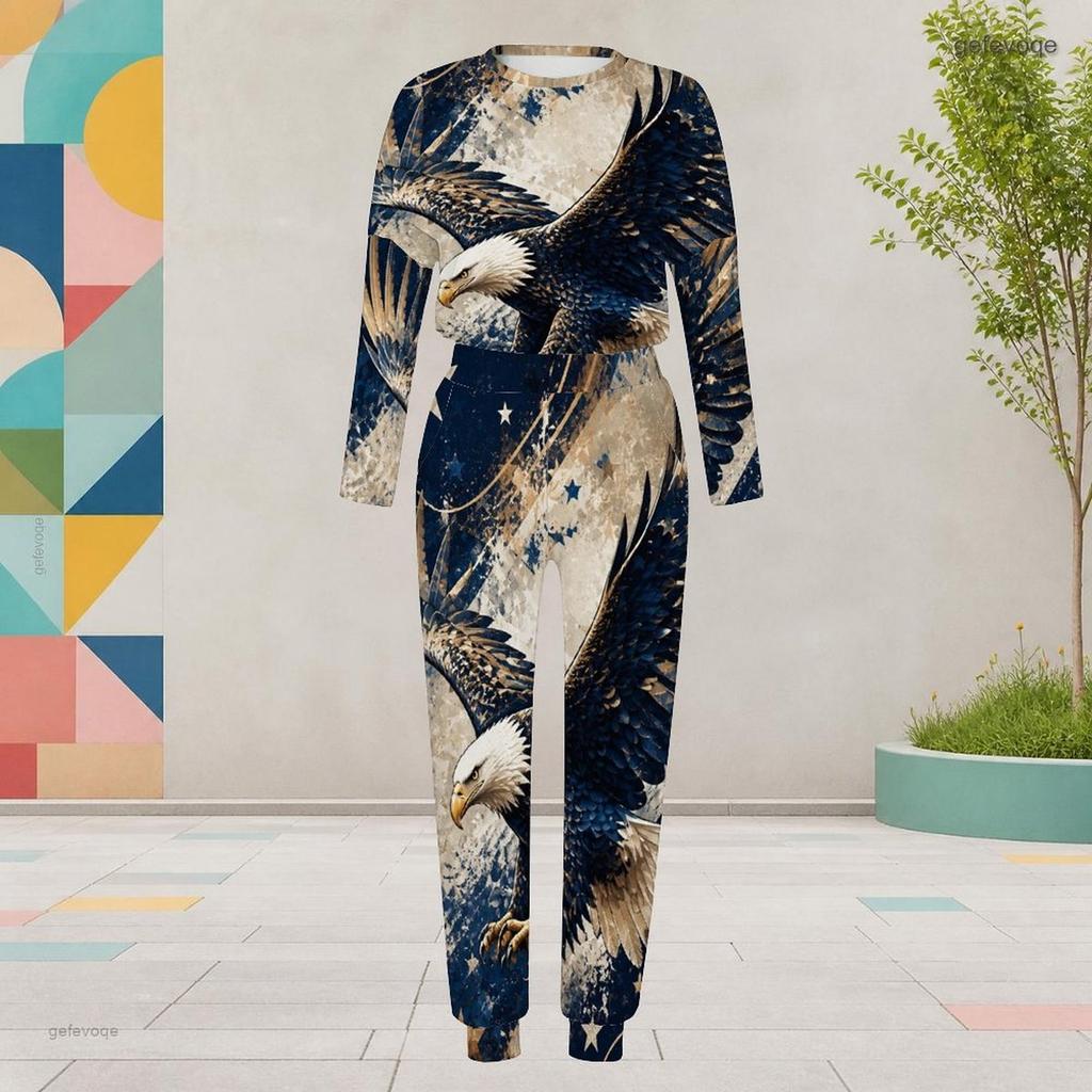 Women Plus Size Printed Round Neck Long Sleeve Cuffed Top And Cuffed Pants Two Piece Set With Pockets