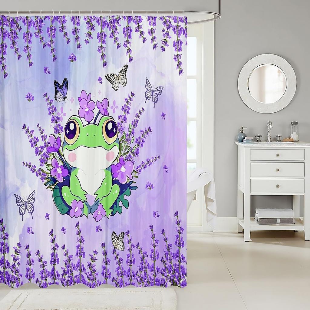 ManCute Frog Kids Shower Curtains,Lavender Flowers Butterfly Romantic Bathroom Curtains for Girls Boys Women,Cartoon Animals
