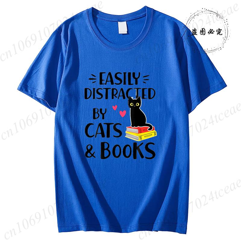 Short Sleeve Tshirt for Unisex Tee Clothes Easily Distracted By Cats and Books Tee Tops Book Reader Top Y2K Unisex Casual Clothes