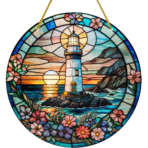 Yafuidil Acrylic Hanging - 1Pcs Wreath Cross Theme Round Stained Acrylic Hanging Ornament Window Hanging for Indoor Outdoor Decor, Garden Decoration