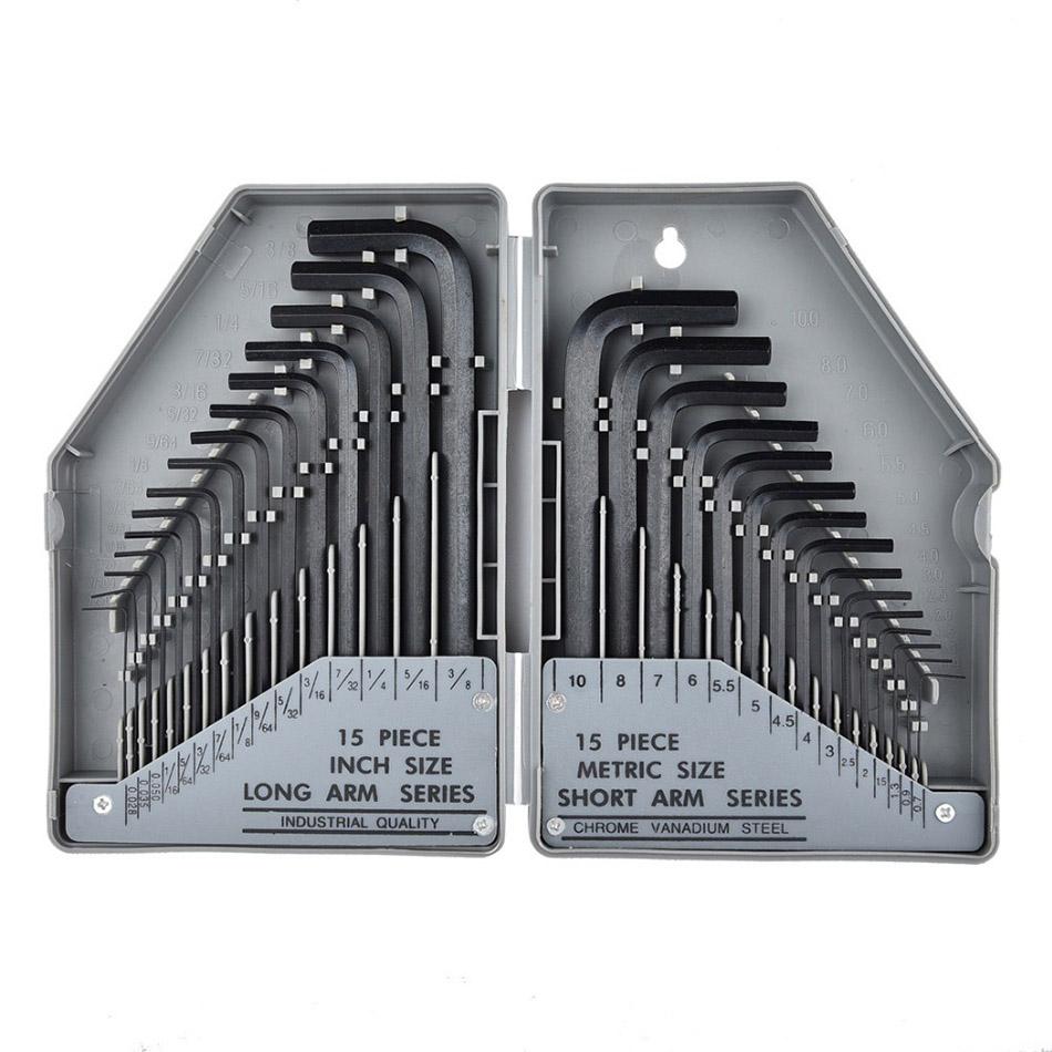 30 hex wrenches ranging from 0.028 inches to 3/8 inches and 0.7mm-10mm metric chrome vanadium steel wrenches