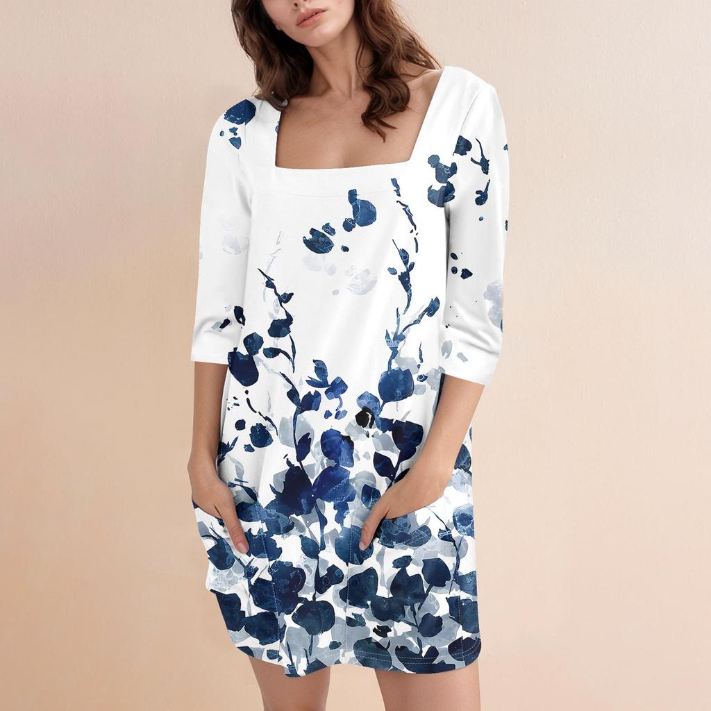 Women's Fashion Casual Print Square Neck 3/4 Sleeve Short Dress