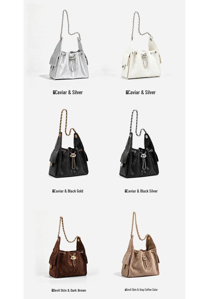 Caviar Hobo Drawstring Bucket Bag: Quilted Chain Shoulder Light Luxury Coco Style Suede