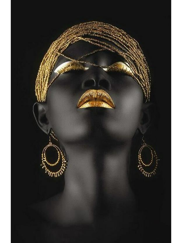 Femeie Neagră cu Bijuterii Aurii Artă de Perete pe Pânză - Pictură Decorativă Modernă pentru Dormitor și Camera de Zi