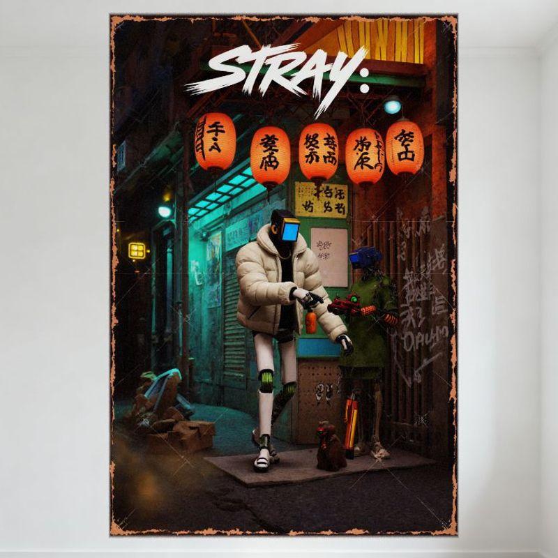 Mfoever Cyberpunk Stray Alleyway RetroFuturistic Tin Sign Vintage Metal Wall Decor with Robots  Dog Rustic Borders SciFi Dystopian 20x30cm（7.8x11.8inch）
