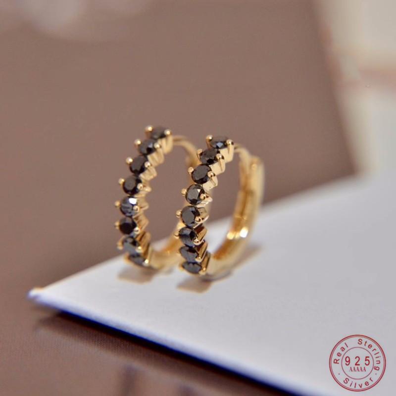Genuine 925 Sterling Silver Personality Temperament Inlay Black Zircon Geometry Earrings For Women Sterling Silver Jewelry Gold