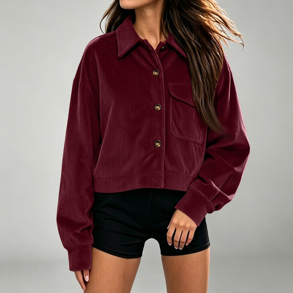 Women's Short Corduroy Jacket Single-Breasted with Lapel Collar and Pockets for Casual Daily Wear