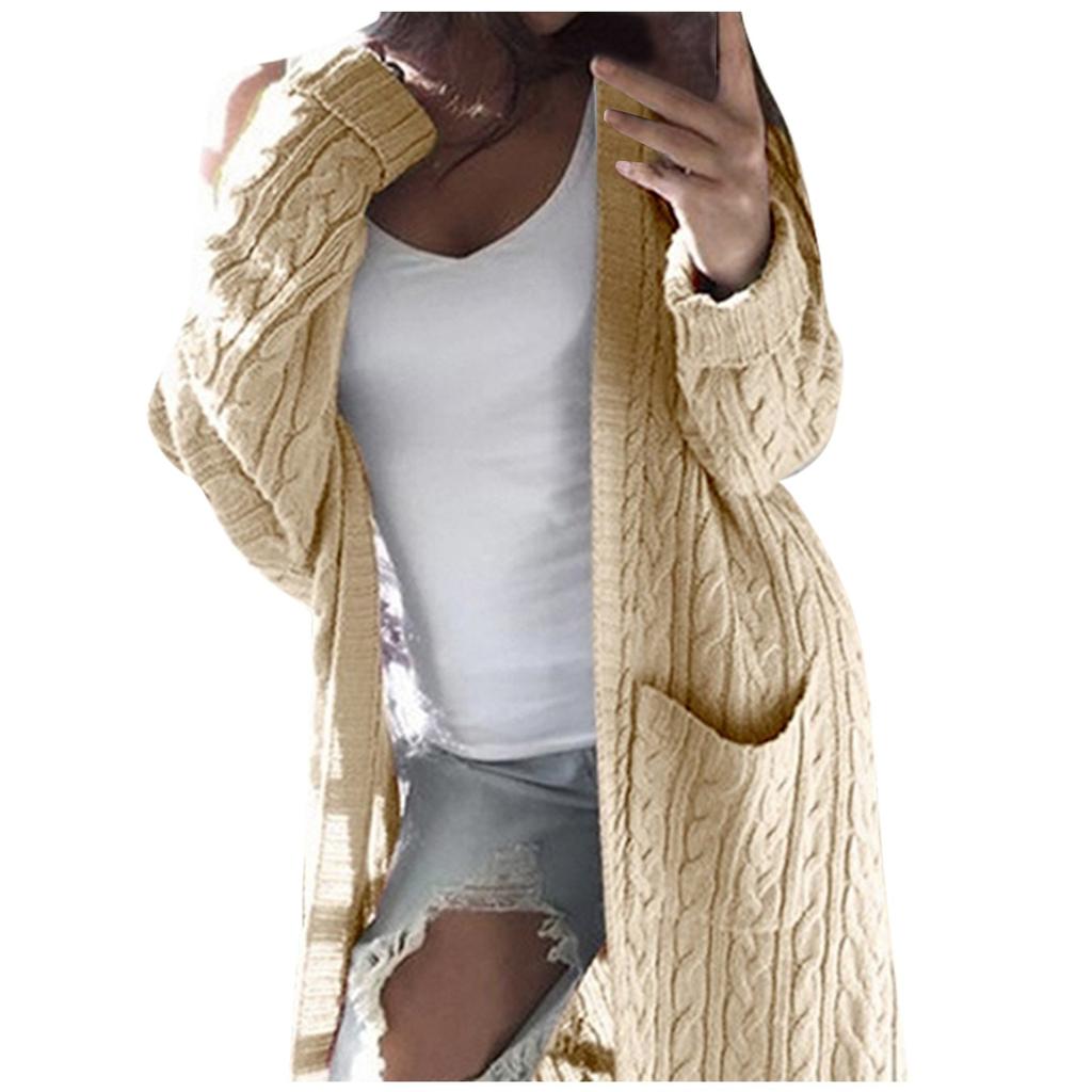 Modische Damen-Strickjacke mit langen Doppeltaschen und Ganzkörper-Pullover
