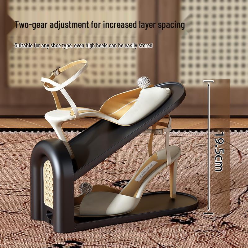 Retro-Style Rattan Double-Layer Adjustable Shoe Rack and Cabinet