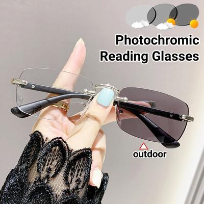 Luxury Wood Grain Business Photochromic Reading Glasses Frameless Bamboo Leg Presbyopia Glasses Retro Anti Blue Light Eyewear
