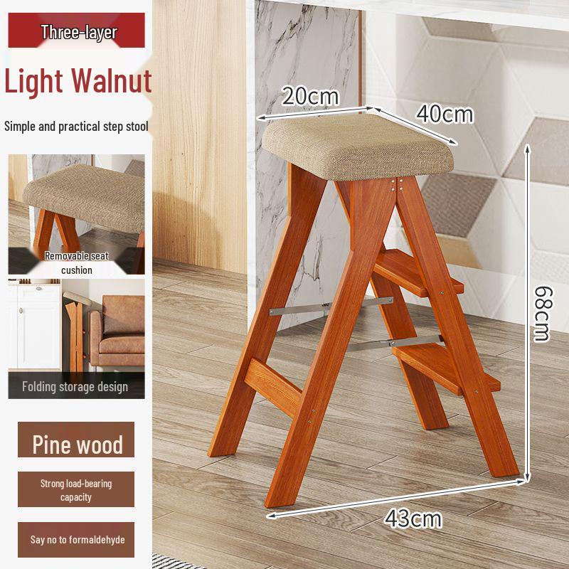 Three-Step Solid Wood Folding Ladder Stool: Multifunctional for Kitchen and Bar Use