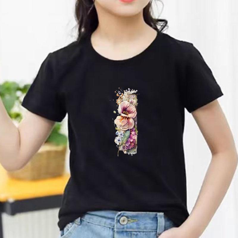 Kids Cotton T Shirt Floral Letter I Print Crew Neck Short Sleeve Tee Casual Boys Girls Summer Tops