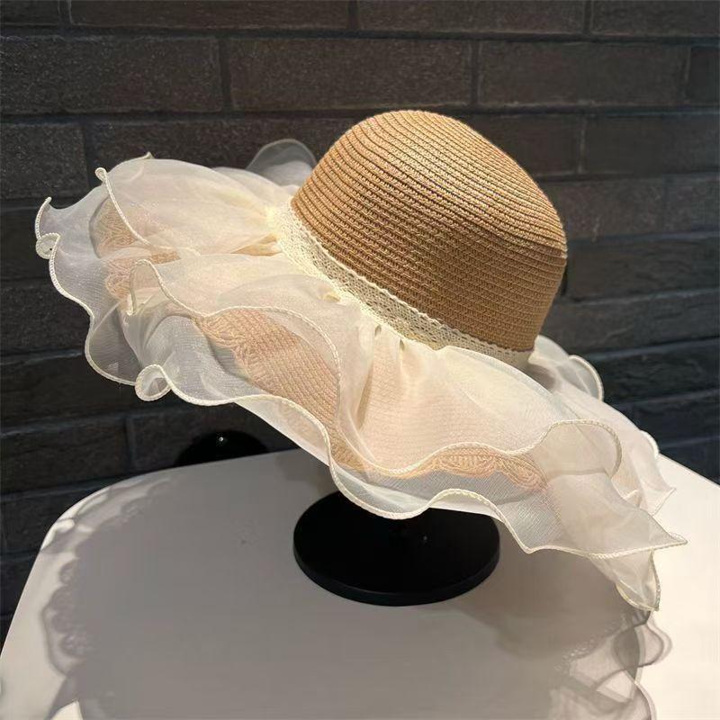 Lace Big Brim Straw Hat Women's Summer Seaside Beach Shade Sunscreen Hat Straw Cover Full Face UV Protection Hat