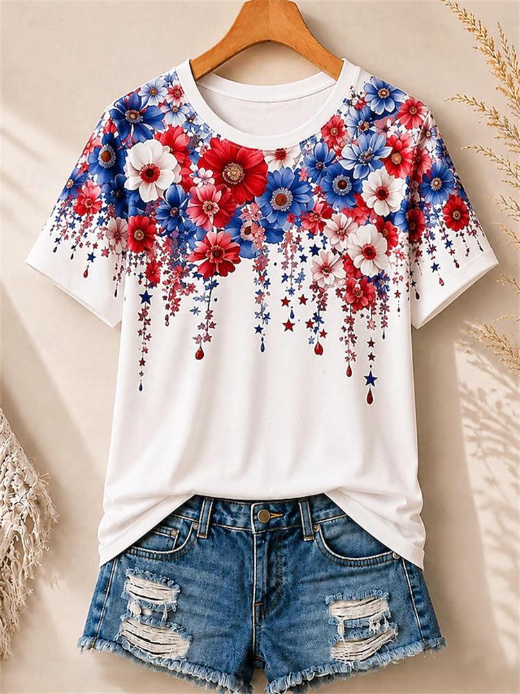 Women's Simple and Versatile Casual Short-Sleeve Floral Print Round-Neck Elegant T-Shirt Stylish Loose-Fitting Women's Top