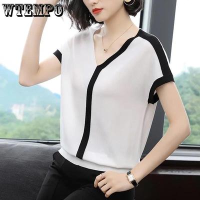 Damesijszijde Gebreid T-shirt Korte Mouw Los V-hals Vleermuismouw Gebreide Top