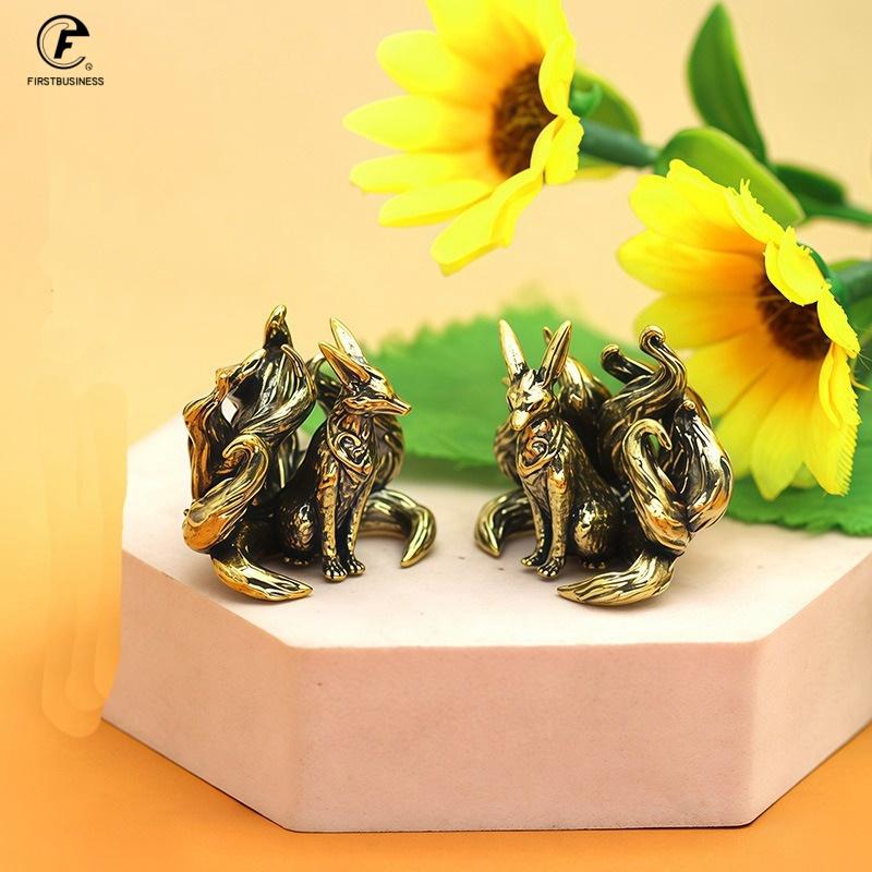 1 pcs Mini Antique Brass Lucky 7 Tails Fox Figurine Miniature Antique Brass Lucky Seven Tailed Fox Figurines Feng Shui Ornament
