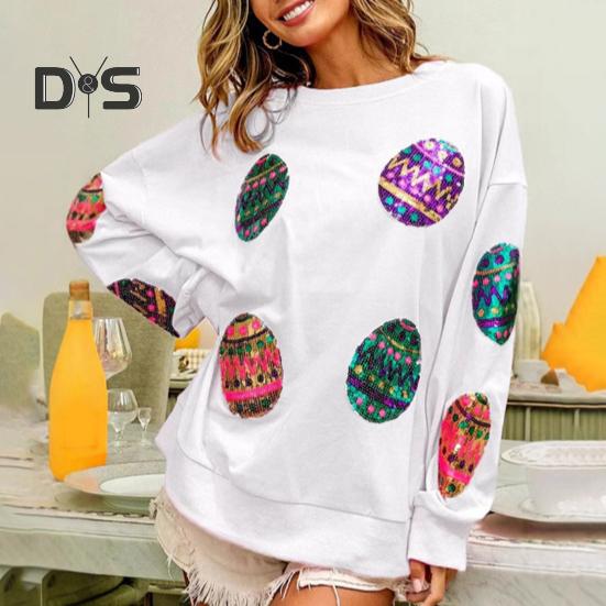 Women Tops Round Neck Long Sleeve Loose Fit Tee Shirt Sparkling Sequins Easter Eggs Decor Elastic T-shirt