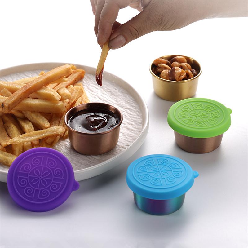 60ML Salad Dressing Container Leak-Proof Seasoning Box Portable Stainless Steel Dipping Sauce Dish with Lid Small Condiment Cup