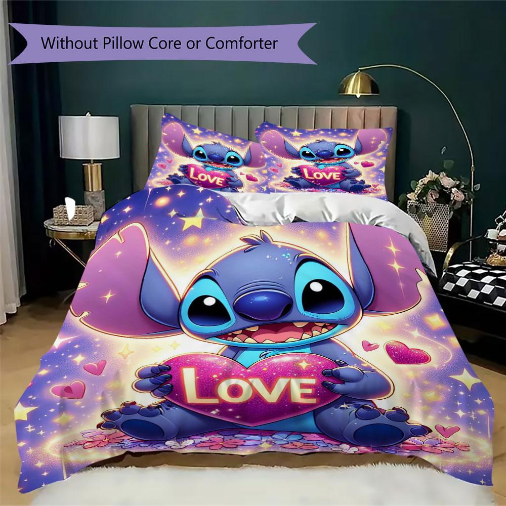 Stitch Cartoon Prints bedding, duvet cover and pillowcases, birthday gift (1 duvet cover + 2 pillowcases, pillow insert not included)JM002