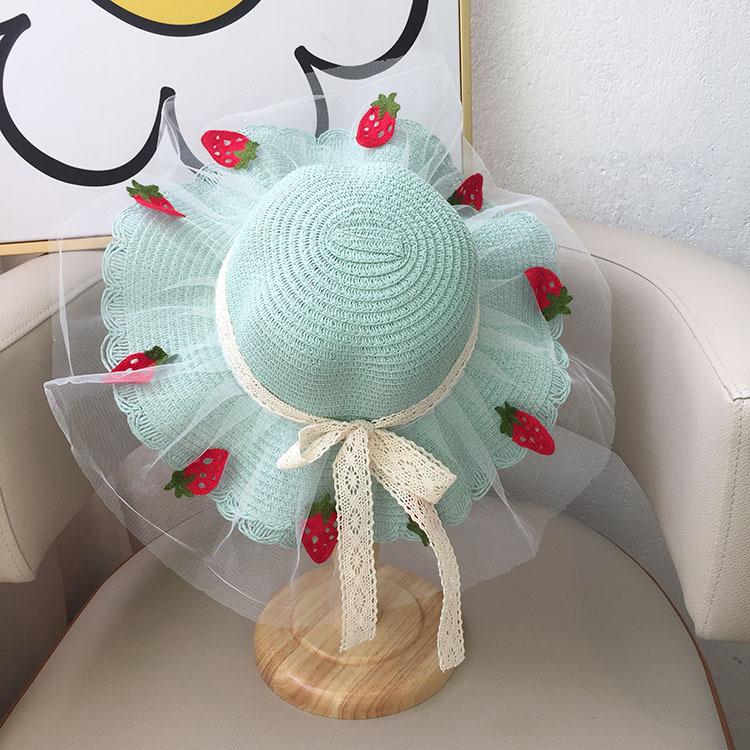 Girls Summer Straw Sun Hat With Pearl Lace Wide Brim Baby Beach Shade Cap Stylish UV Protection Outdoor Headwear