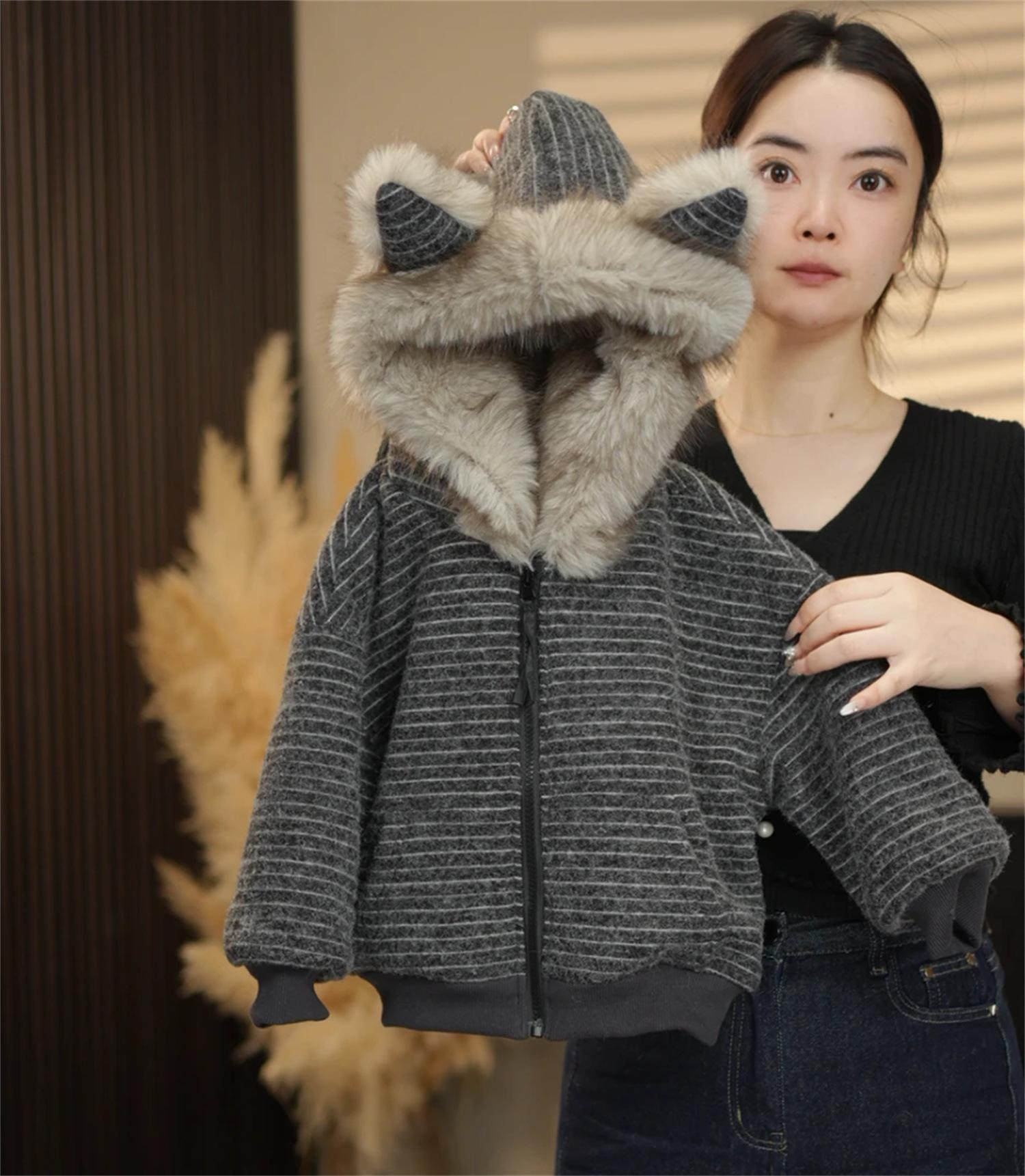 Boys Warm Fleece Lined Hooded Jacket with Cat Ears and Stripes for Autumn Winter 90