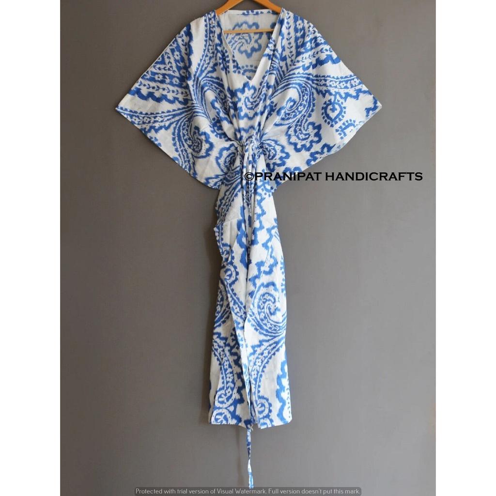 Damen Hippie Baumwolle Sommer Nachtwäsche Ikat-Druck Blau Langes Maxi Kaftankleid CKFTN-SCRN-FULL-BUYIT-094
