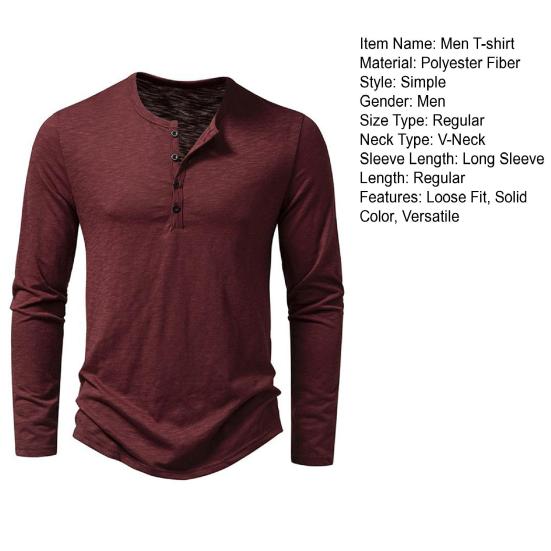 Men T-shirt Buttons Half Placket Long Sleeve Lightweight Tee Shirt Solid Color Loose Fit Pullover Tops Travel Office Daily Wear