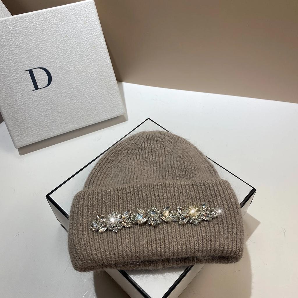2024Mode Damen Wintermütze Echtes Kaninchenfell Gestrickte Mützen Diamanten Blume Damen Freizeit Hüte Warme Wolle Skullies Beanies