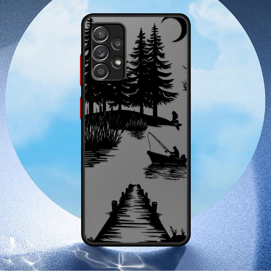 Phone Cover Case for Samsung Galaxy A73 A33 A56 A55 A35 A53 A14 A23 A52S A72 A17 A52 A54 A16 A15 A34 A36 Cartoon Forest Fishing