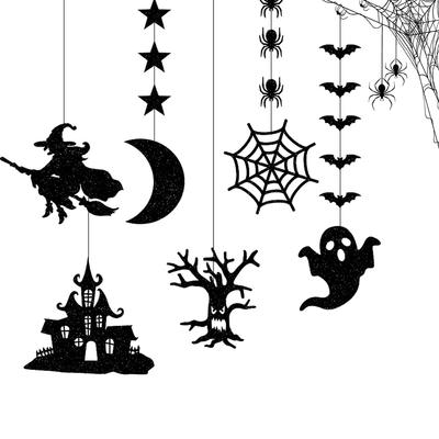 6Pcs Halloween Hanging Banner Pendant Ornament Waterproof Scary Spider Witch Ghost Bat Pendant Reusable for Haunted House Decor