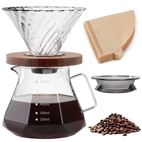 FGIUKC Coffee Server, Heat-Resistant Glass with Wooden Holder, 600ml Capacity with Graduations, Serves 2-4 People, Microwaveable, V60 Dripper, Hand Dr