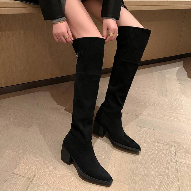 Autumn and winter women's leather boots solid color leather large size women's boots middle heel square heel new rubber soft-soled cowhide knee boots
