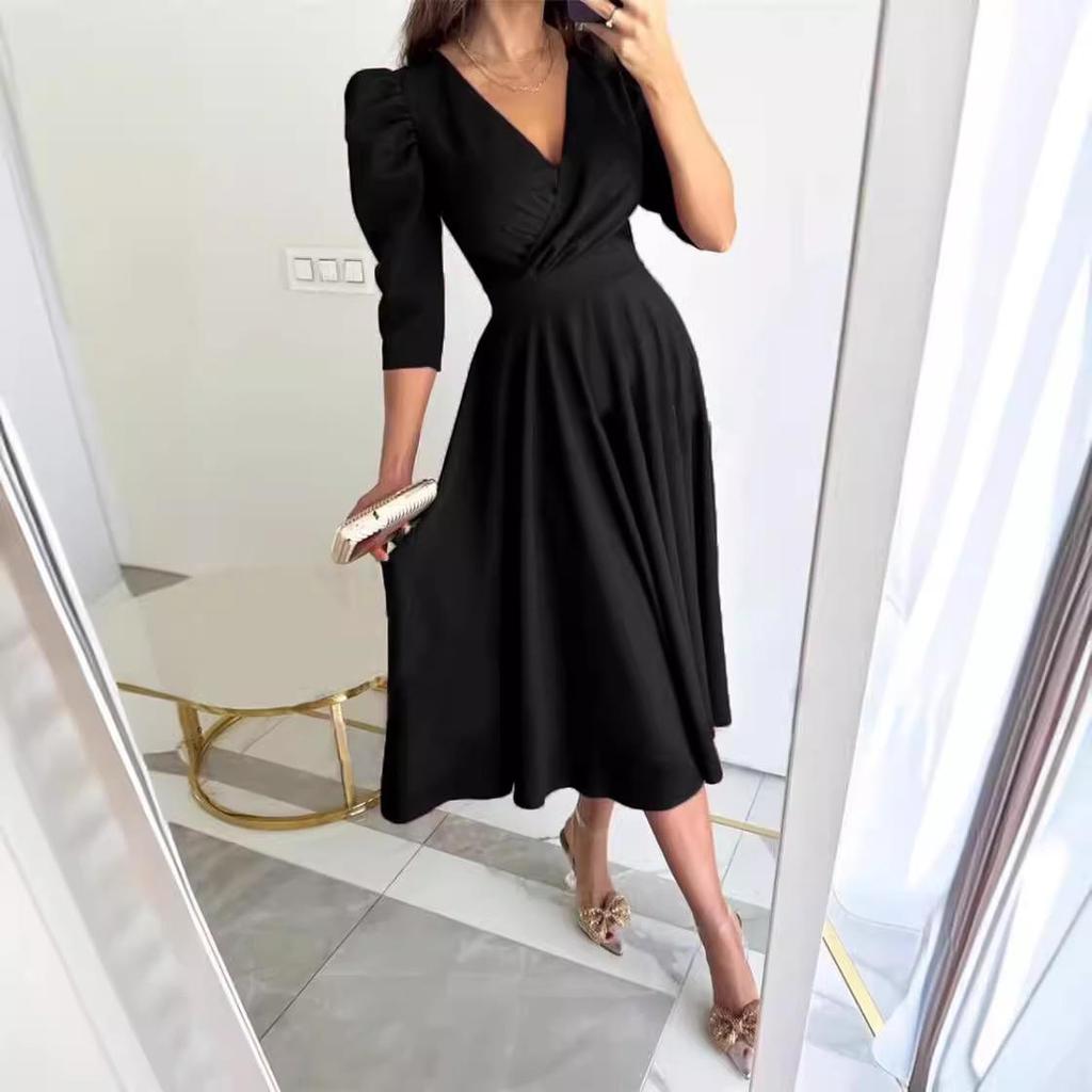Lato 2025 Sukienka Swing z Krótkim Rękawem Bufiastym i Dekoltem V w Jednolitym Kolorze, Wiązana w Pasie, do Dojazdów do Pracy