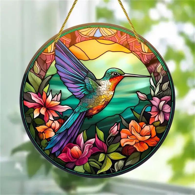 NEW Acrylic Painted Hummingbird Pendant Bird Floral Pattern Suncatcher Round Wreath Porch Window Outdoor Patio Hanging Ornaments