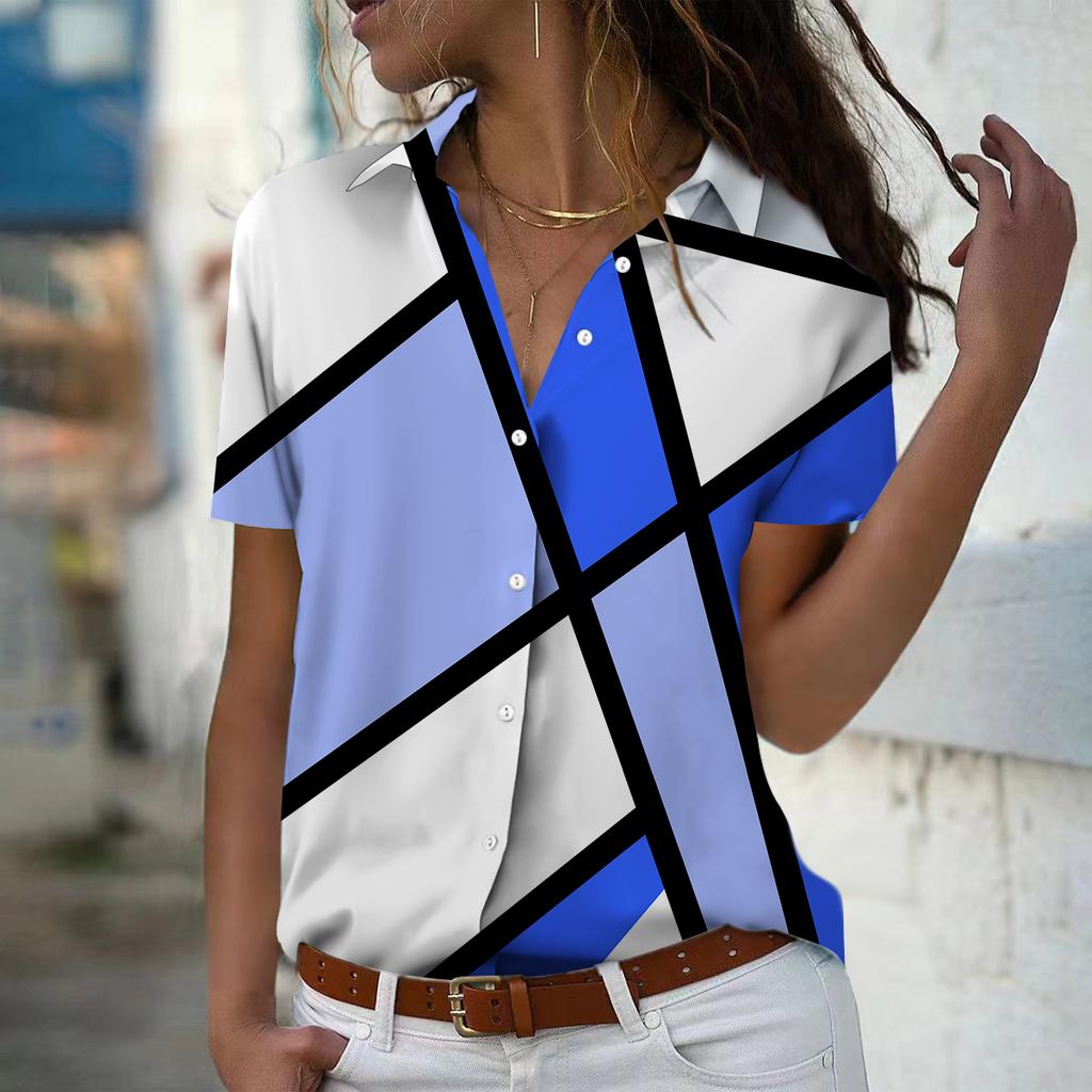 2025 Summer New Fashion Women's Geometry Printed Short Sleeve V-neck Casual Button-down Shirt Top